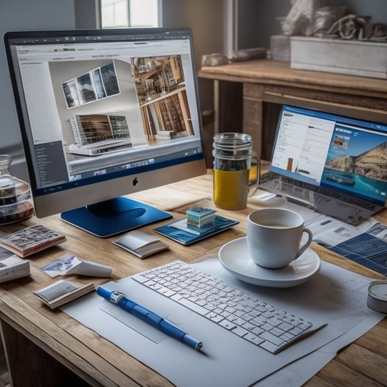 A modern laptop on a cluttered desk surrounded by rolled-up blueprints, paint swatches, and scattered renovation materials, with a 3D home design rendering on the screen.