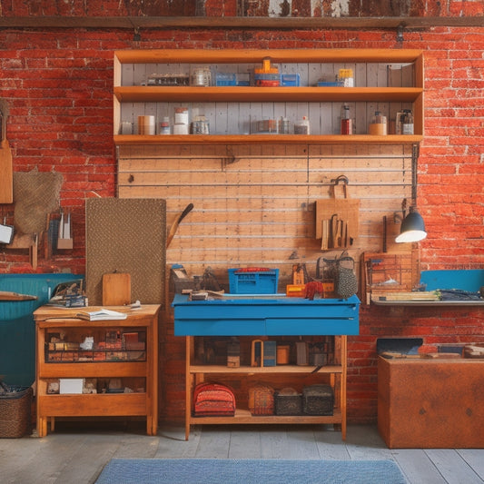 A clutter-free workshop with a pegboard adorned with neatly hung tools, a rolling cabinet with labeled drawers, and a wall-mounted foldable workbench, surrounded by a renovated room's exposed brick and wooden beams.