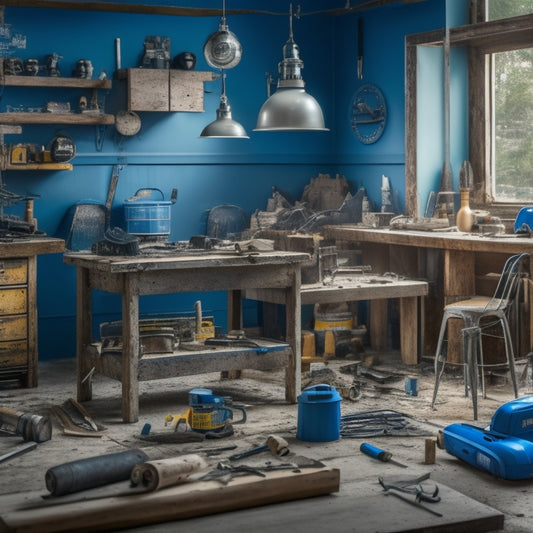 A cluttered home renovation workspace with various mixers in the background, a central mixer on a dusty workbench surrounded by construction materials, power tools, and scattered blueprints.