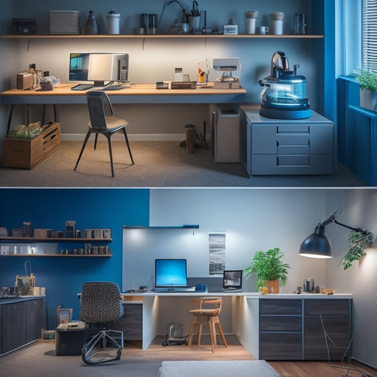 A well-lit, modern home renovation workspace with various top-rated automatic machines, including a robotic vacuum, a cordless drill, a laser level, and a 3D printer, arranged in a tidy and organized manner.