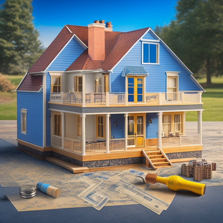 An illustration of a house with each room divided into puzzle pieces, each piece labeled with a percentage or dollar sign, surrounded by construction tools and a blueprint in the background.