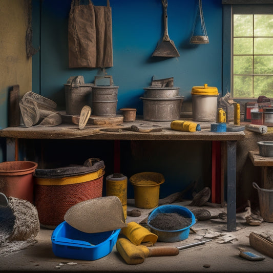 A cluttered workbench with various stucco finish tools, including a hawk, trowel, float, and edger, surrounded by buckets of stucco mix, water, and scattered drywall screws.