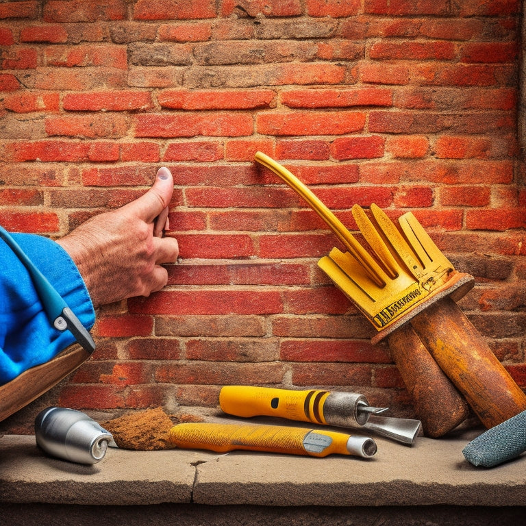 A close-up of a mason's hands holding a variety of crack repair tools, including a caulk gun, trowel, and wire brush, against a background of a partially renovated brick wall with visible cracks.