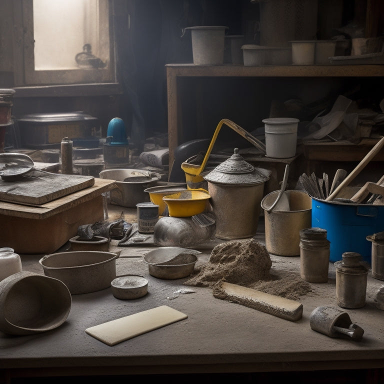 A cluttered workshop table with various plastering supplies, including a mixing bucket, trowels, joint compound, sandpaper, and a putty knife, surrounded by renovation tools and materials.