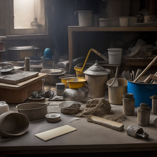 A cluttered workshop table with various plastering supplies, including a mixing bucket, trowels, joint compound, sandpaper, and a putty knife, surrounded by renovation tools and materials.