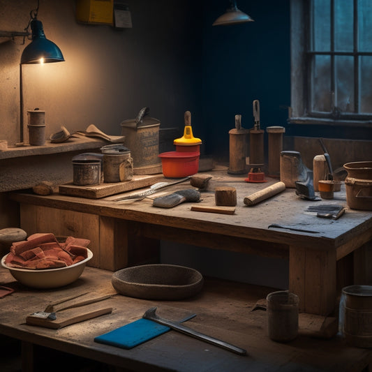 A well-lit workshop table with various plastering tools and accessories, including a hawk, trowel, joint knife, sanding block, and mixing bucket, arranged in a neat and organized manner.