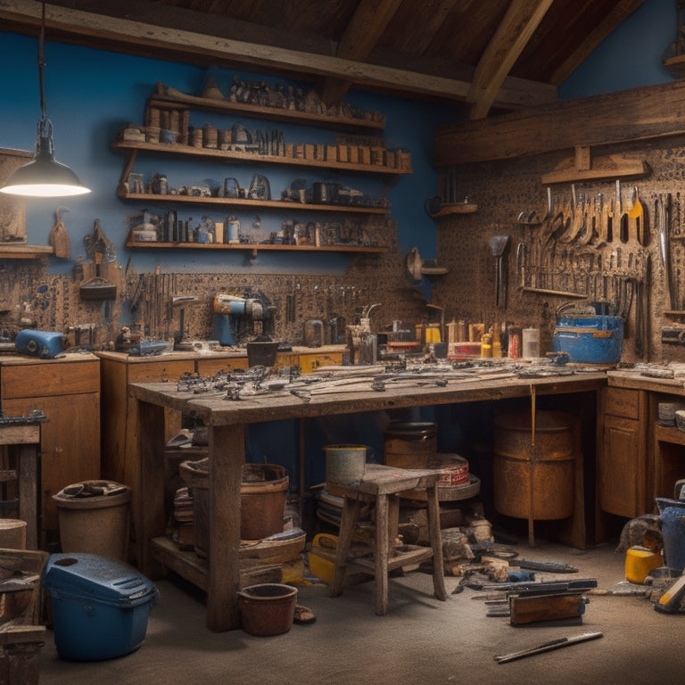 A cluttered yet organized workshop with a wooden workbench, scattered power tools, and renovation materials like hammers, drills, and buckets of paint, surrounded by half-finished DIY projects.