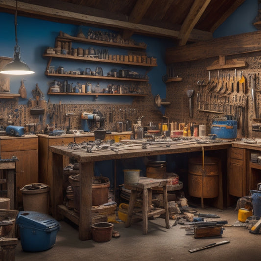 A cluttered yet organized workshop with a wooden workbench, scattered power tools, and renovation materials like hammers, drills, and buckets of paint, surrounded by half-finished DIY projects.