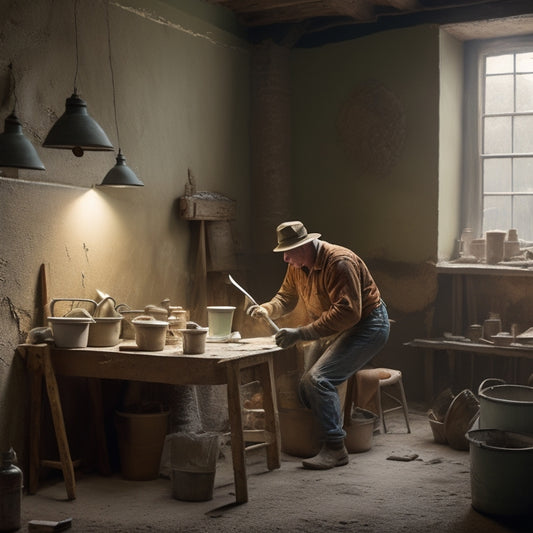 An image of a person in a dusty, old-fashioned room, surrounded by ladders, buckets, and tools, meticulously applying joint compound to a cracked plaster wall with a putty knife.