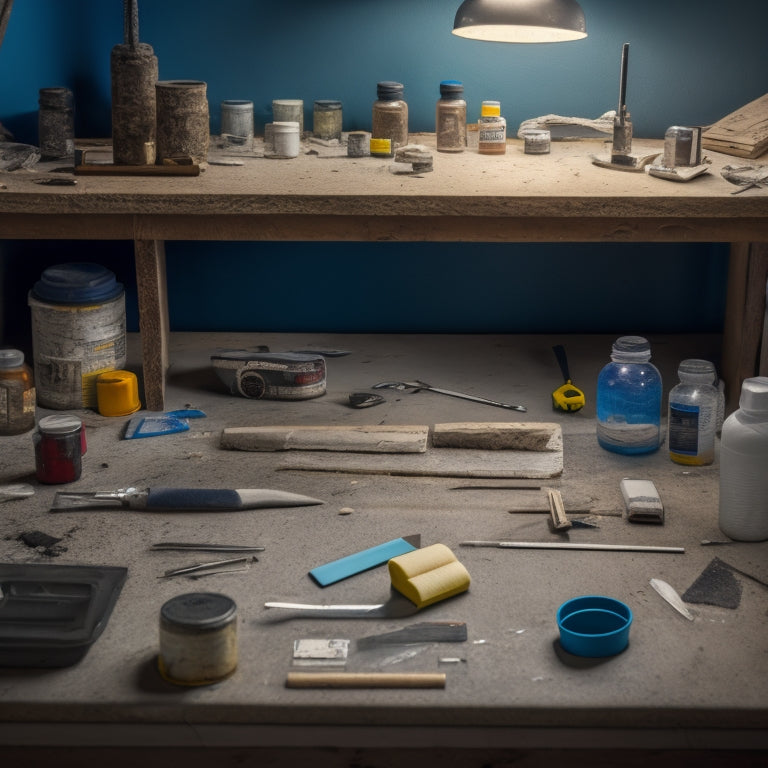 A tidy, well-organized workshop table with various crack filler toolkits, including caulk guns, spackles, and putty knives, surrounded by scattered drywall fragments and dust.
