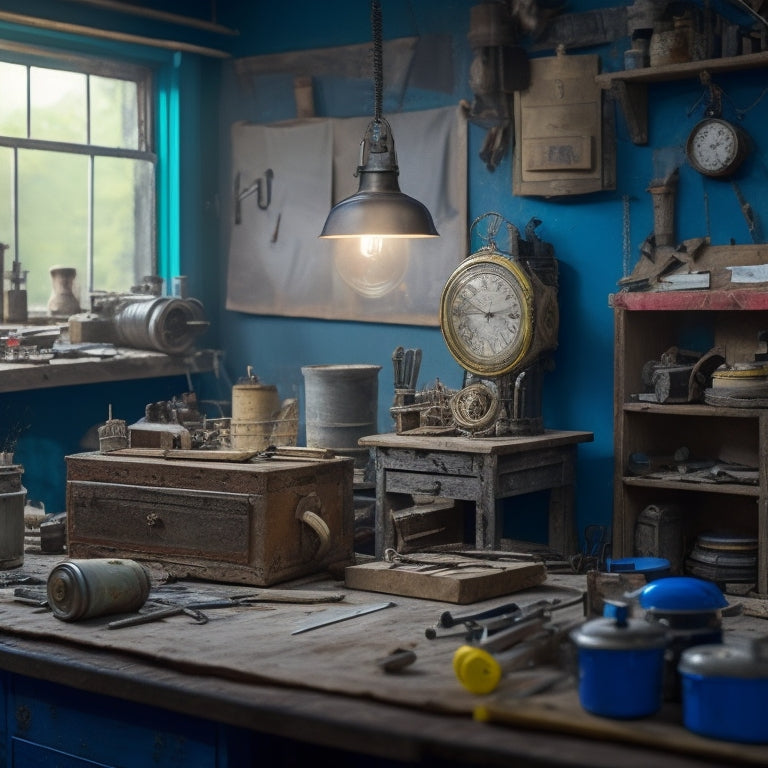 A cluttered DIY workshop with a half-finished renovation project in the background, surrounded by scattered tools, blueprints, and a clock ticking away in the foreground.