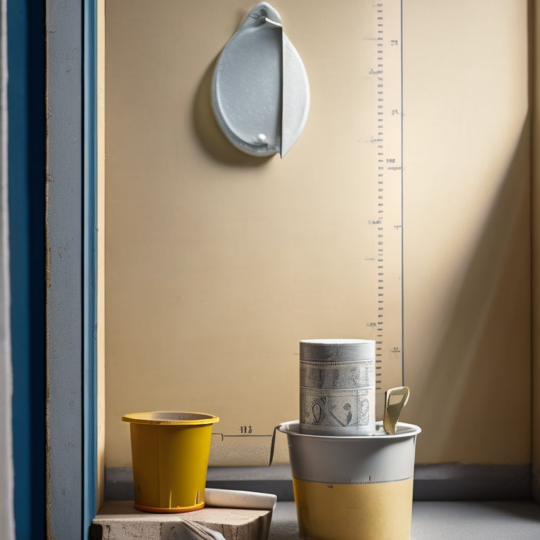 A measuring tape stretched across a wall with a bucket of plaster and a putty knife lying beside it, surrounded by scattered blueprints and construction plans.