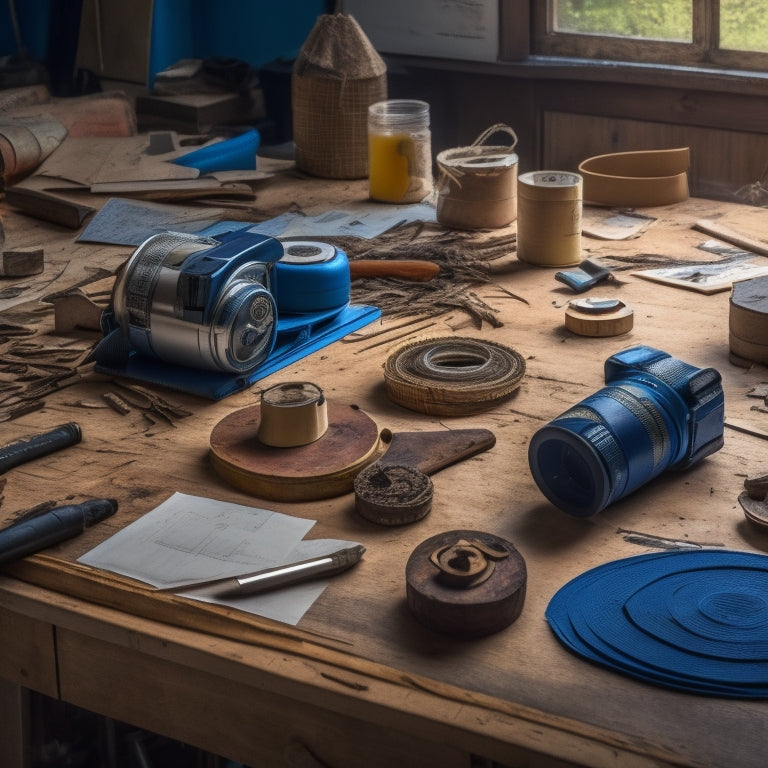A cluttered workshop table with a tape measure coiled around a wooden pencil, a digital level standing upright, and a laser distance meter lying horizontally, surrounded by scattered blueprints and wooden shavings.
