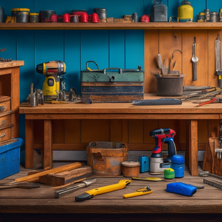 A clutter-free, well-organized workshop background with a variety of tools arranged neatly on a wooden workbench, including a cordless drill, level, tape measure, and a toolbox with open drawers.