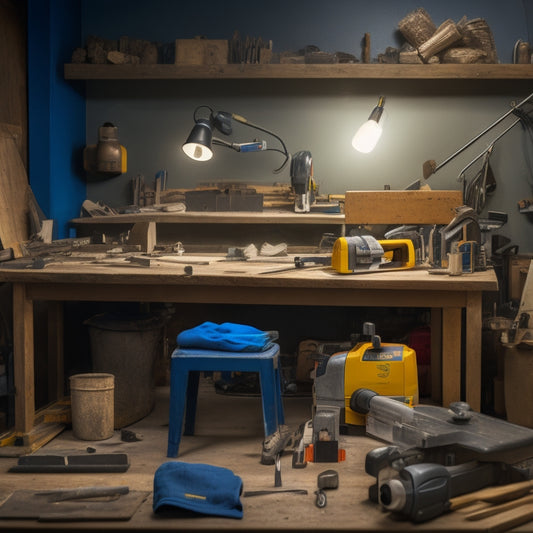 A cluttered workbench with a miter saw, impact driver, and level, surrounded by blocks, sandpaper, and scattered tools, with a faintly visible blueprint or plans on the wall behind.