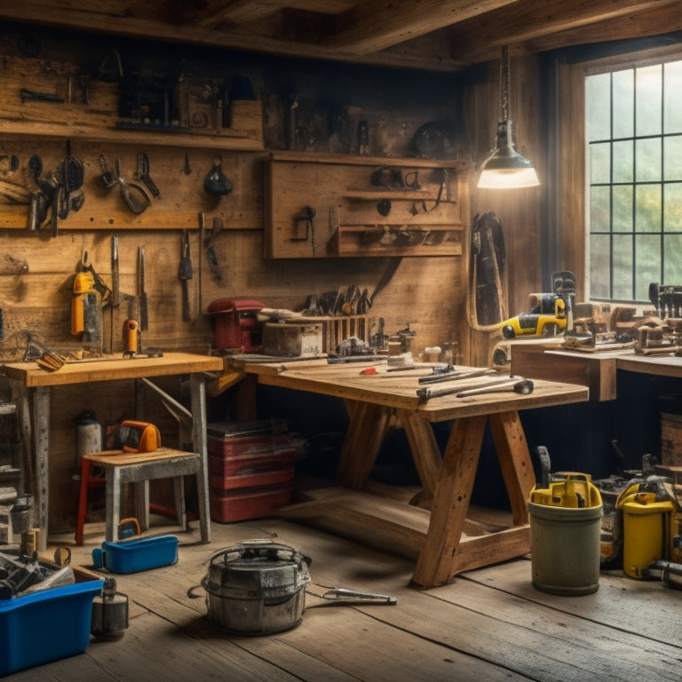 An organized workshop with a wooden workbench, scattered with various tools like a cordless drill, level, and wrench, surrounded by renovation materials like drywall, pipes, and lumber.