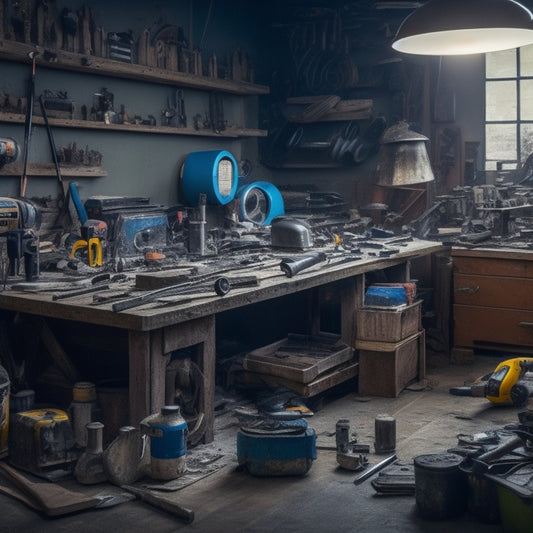 A cluttered workshop with various power tools and equipment scattered on a workbench, surrounded by half-finished renovation projects, with a few tools slightly damaged or broken in the background.