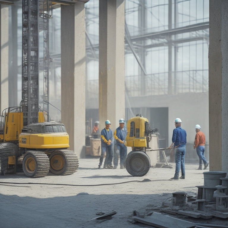 A photo of a construction site with multiple electric mortar mixers in the background, a worker in the foreground operating one, and a renovated building with scaffolding in the distance.