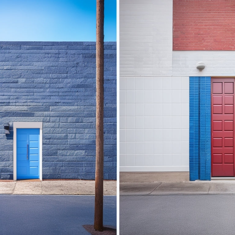A split-screen image featuring a before-and-after comparison of a block wall renovation, with a dull, worn-out wall on the left and a vibrant, modern wall with varying cladding materials on the right.