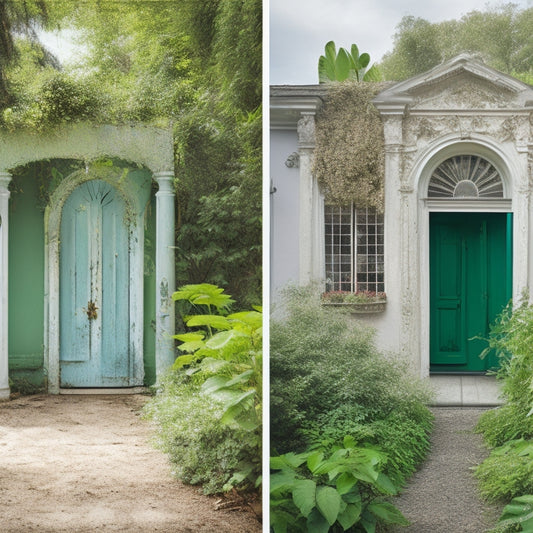 A before-and-after split-screen image: a worn, peeling-paint exterior with overgrown gardens and broken shutters, contrasted with a freshly renovated, crisp-white facade with lush greenery and polished metal accents.