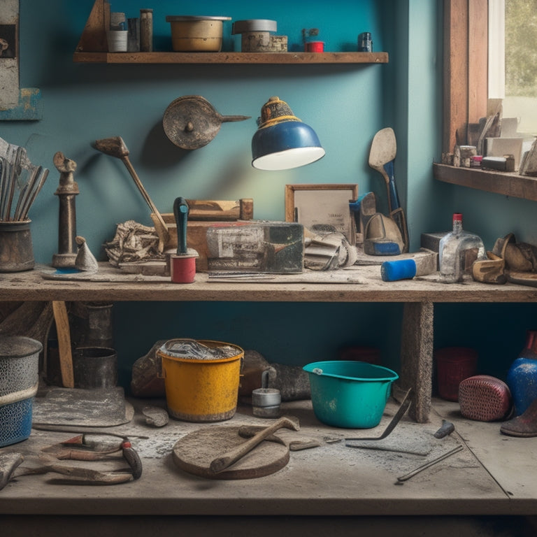 A cluttered DIY workspace with various concrete tools scattered around, including a mixing bucket, trowel, level, and safety goggles, against a background of half-finished renovation projects.