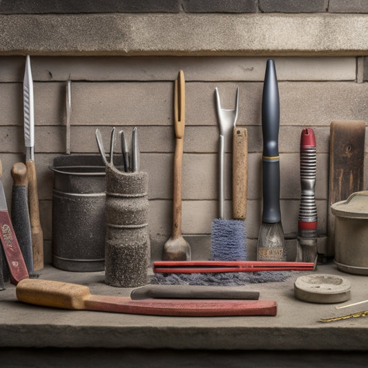 A close-up arrangement of various crack-busting tools, including a hammer, chisel, wire brush, and injection epoxy kit, laid out on a weathered cinder block wall with visible cracks and mortar joints.