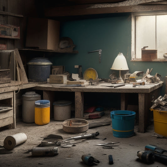 A cluttered workspace with a partially demolished wall, surrounded by various tools like a circular saw, drill, level, and tape measure, with a bucket of joint compound and a putty knife nearby.