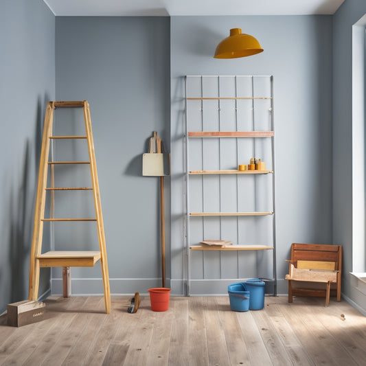 A clutter-free room with a highlighted wall, surrounded by renovation tools and materials, including a ladder, paint swatches, a hammer, and a bucket, with a faint outline of a renovated wall in the background.