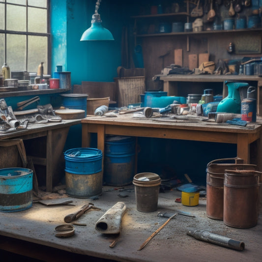 A cluttered workshop table with various texture guns, paint cans, and renovation tools scattered around, with a partially textured wall in the background, surrounded by dust and debris.