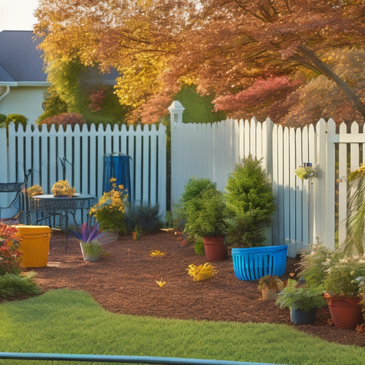 A tidy, well-organized backyard with a few rakes of varying types and sizes leaned against a white picket fence, surrounded by neatly raked leaves and a few potted plants.