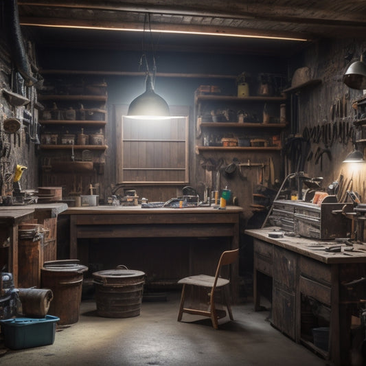 A cluttered garage workshop with old, rusty tools and worn-out workbenches, transformed into a sleek, organized space with modern power tools, LED lighting, and a large wooden worktable with a vice.