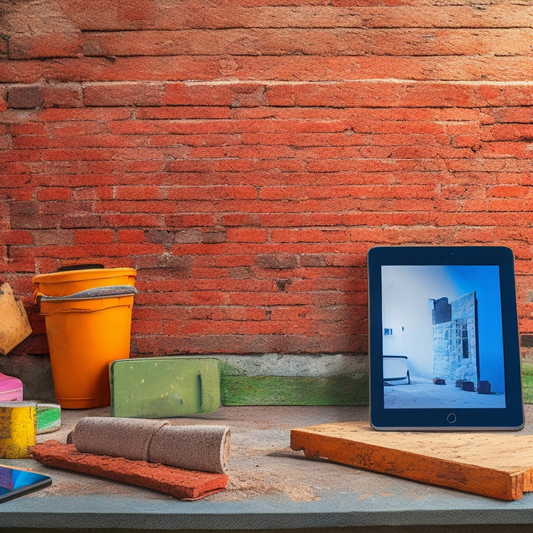 A cluttered, worn-out brick wall with a broken hammer and scattered construction materials in the foreground, alongside a sleek, modern tablet with a renovation planning app open on the screen.