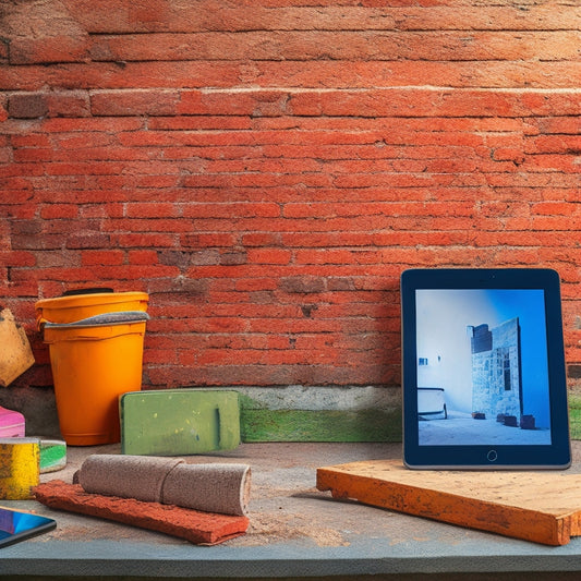 A cluttered, worn-out brick wall with a broken hammer and scattered construction materials in the foreground, alongside a sleek, modern tablet with a renovation planning app open on the screen.