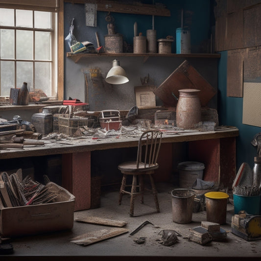 A cluttered but organized workspace with a variety of tools and materials, including a hawk, trowel, joint compound, putty knife, sandpaper, and ladder, surrounded by dropped ceiling tiles and renovation debris.