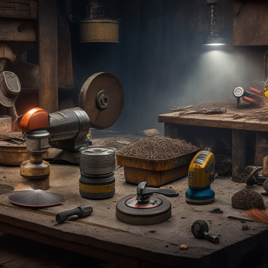 A cluttered workshop background with five distinct grinding tools in focus: an angle grinder, die grinder, belt grinder, orbital grinder, and rotary tool, each with sparks flying around them.