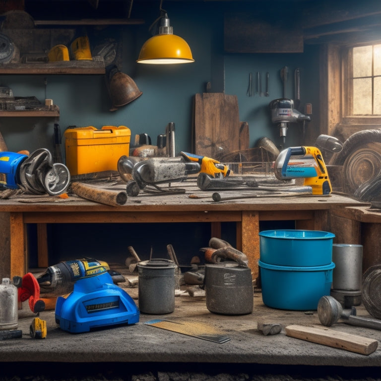 A cluttered workbench with various power tools, including a concrete mixer, rotary hammer, impact driver, and circular saw, surrounded by concrete blocks, pipes, and renovation debris.