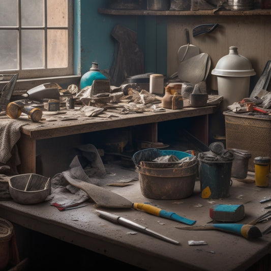 A cluttered workbench with various plastering tools scattered around, including a hawk, trowel, joint knife, putty knife, float, and bucket, surrounded by scattered plaster dust and debris.