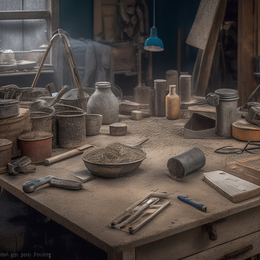 A cluttered workshop table with a scattered array of worn, rusty, and new tools, including a trowel, level, safety goggles, hammer, and wire brush, surrounded by dusty cinder blocks and mortar mix.