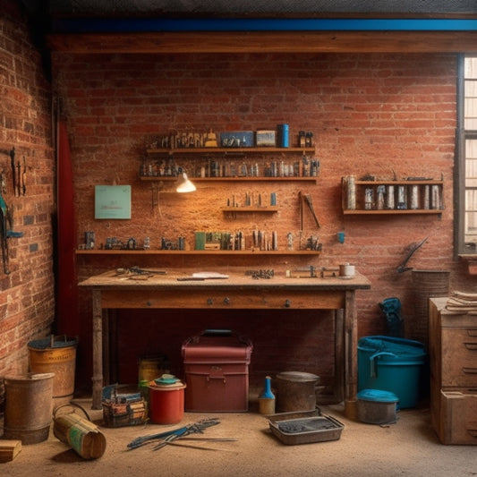 A clutter-free workshop with neatly organized toolboxes, labeled bins, and a pegboard adorned with hanging tools, against a backdrop of a partially renovated room with exposed brick and wooden beams.