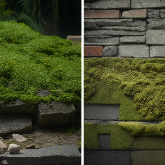 A before-and-after split-screen image: a cracked, water-stained cinder block wall with moss and algae growth versus a renovated wall with a smooth, waterproof coating and clean, weed-free joints.