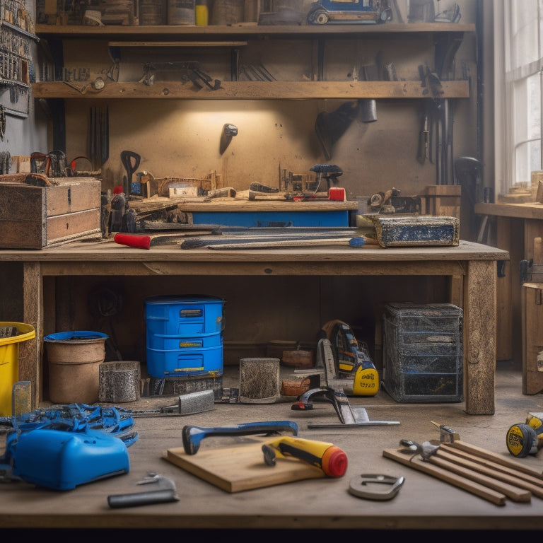 A cluttered workbench with a tape measure, level, hammer, and wrench organized in the foreground, surrounded by partially disassembled furniture, power tools, and renovation materials in the background.