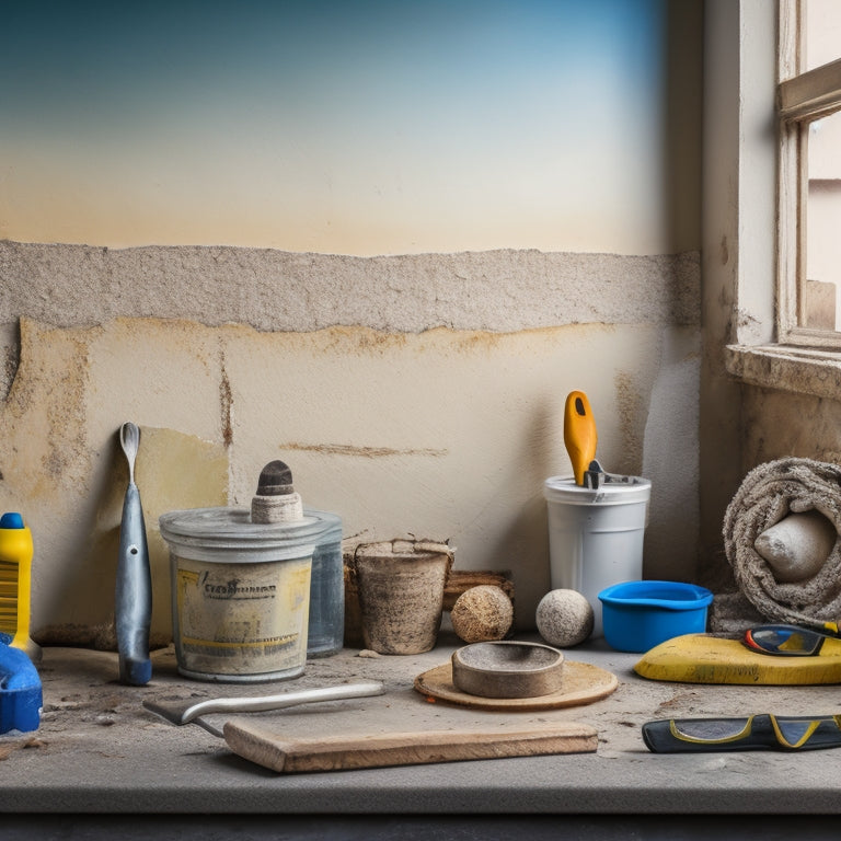 An image of a stucco wall under renovation, with various tools scattered around, including a putty knife, trowel, sandpaper, and safety goggles, amidst a backdrop of repair materials like cement and wire mesh.