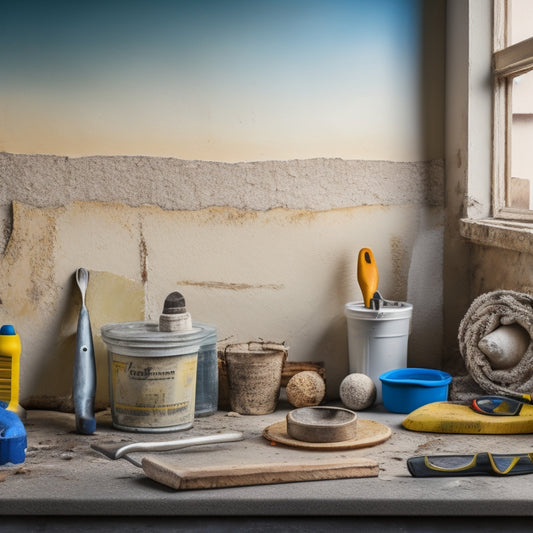 An image of a stucco wall under renovation, with various tools scattered around, including a putty knife, trowel, sandpaper, and safety goggles, amidst a backdrop of repair materials like cement and wire mesh.