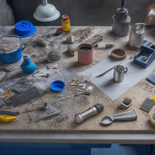 A cluttered workshop table with various DIY concrete renovation tools, including a mixing bucket, trowel, level, safety goggles, and a cordless drill, surrounded by concrete samples and scattered blueprints.