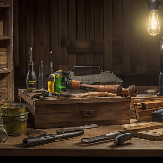 A toolbox filled with eco-friendly tools, including a cordless drill made from recycled materials, a bamboo-handled hammer, and a set of energy-efficient LED work lights, on a reclaimed wood workbench.