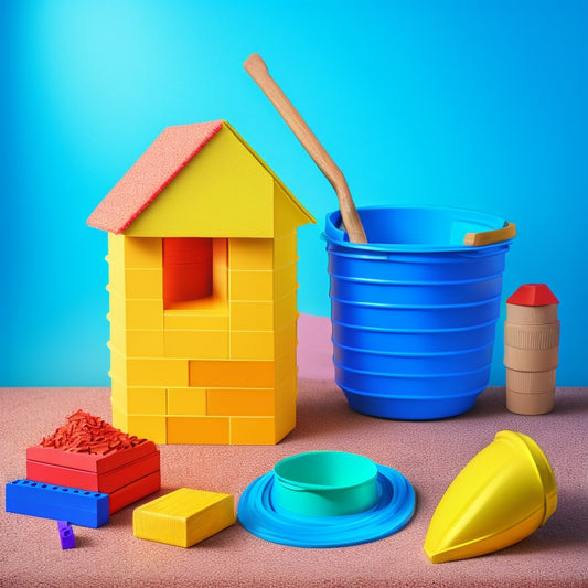 A colorful illustration of a mixing bucket, trowel, and building blocks surrounded by a subtle background of a house blueprint, with a faint grid pattern to represent measurement and calculation.
