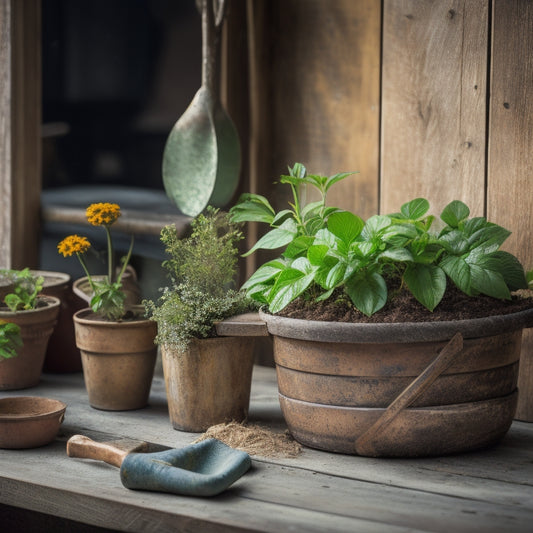 A rustic wooden planter with worn-out paint, surrounded by scattered gardening tools, sits atop a weathered wooden table, with a few potted plants and renovation materials in the background.