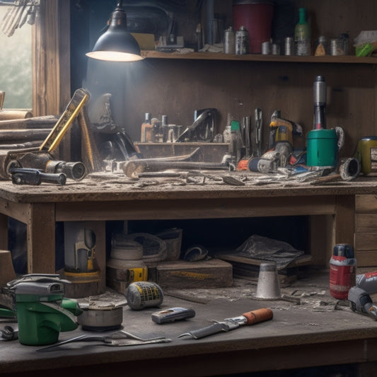 A cluttered workbench with a mix of power tools, including a rotary hammer, impact driver, and reciprocating saw, surrounded by plaster dust, scraps, and renovation materials.