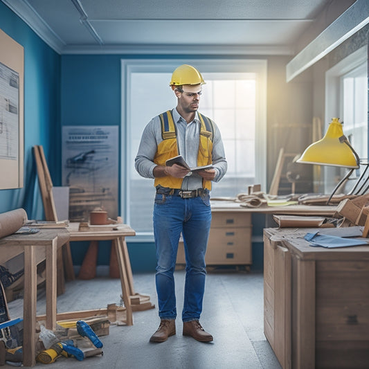 An illustration of a person standing in a partially renovated room, surrounded by construction tools and blueprints, with a puzzled expression, looking at a clipboard with a calculator and scattered papers.