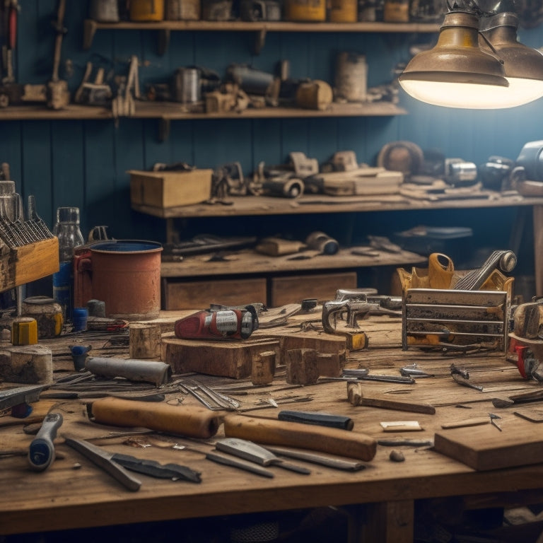 A cluttered workshop with various DIY renovation tools scattered on a wooden workbench, including a cordless drill, level, tape measure, and wrench, surrounded by half-finished projects and scattered building materials.